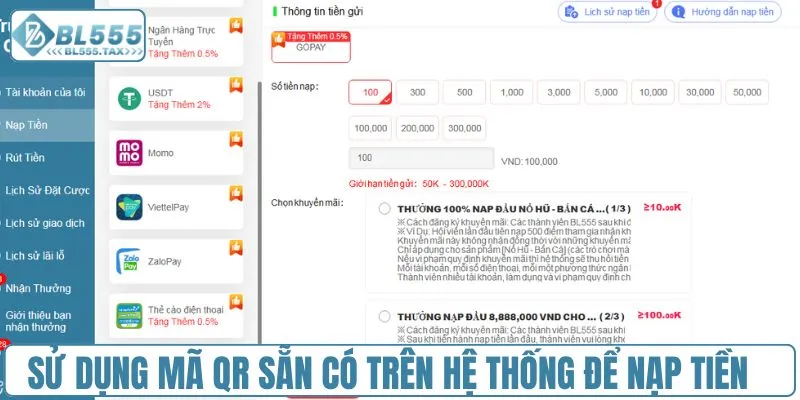 Sử dụng mã QR sẵn có trên hệ thống để nạp tiền